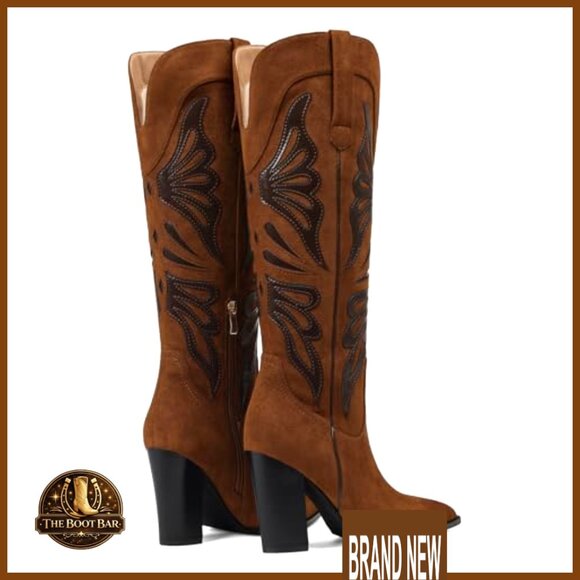 Pointed Toe Cowboy Boots Chunky Heel Knee High Wide Calf Western Elegant - Picture 7 of 7